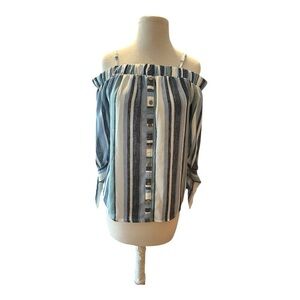 IZ Byer Women’s Size M‎ Blouse Off Shoulder 3/4 Tie-Sleeve Blue Green Stripe